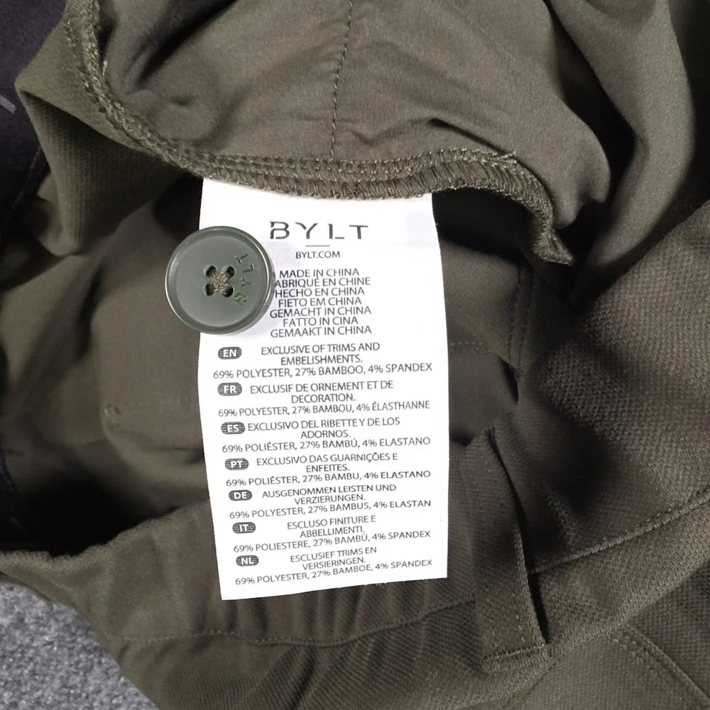 NWT BYLT Lux Pants Mens 34x30 Dark Olive Stretch Bamboo Slim Chino 5 Pocket